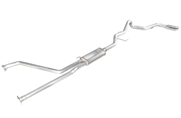 A top wide view of Stillen Cat-Back Exhaust System for Toyota Tundra (3.4L Twin Turbo V6) 2022+ with polished tips on a white background