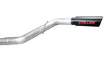 A close up view of one of the black tips of the Stillen Cat-Back Exhaust System for Toyota Tundra (3.4L Twin Turbo V6) 2022+ with white background