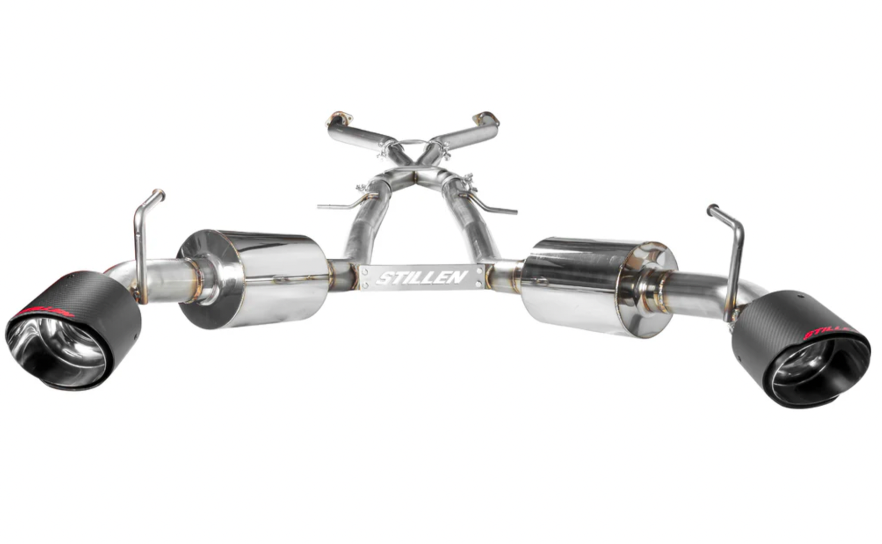 A top view of Stillen Cat-Back Exhaust System "Street Series" for Nissan Z 2023-2024 with carbon fiber tips on a white background