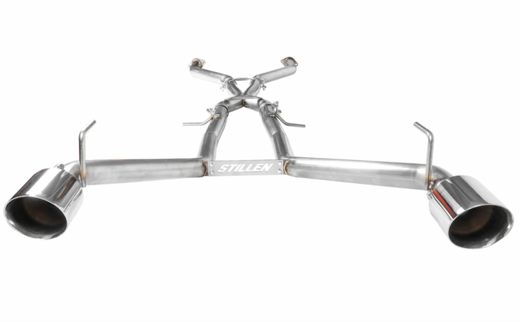A top view of Stillen Cat-Back Exhaust System "Competition Series" for Nissan Z 2023-2024 with polished tips on a white background