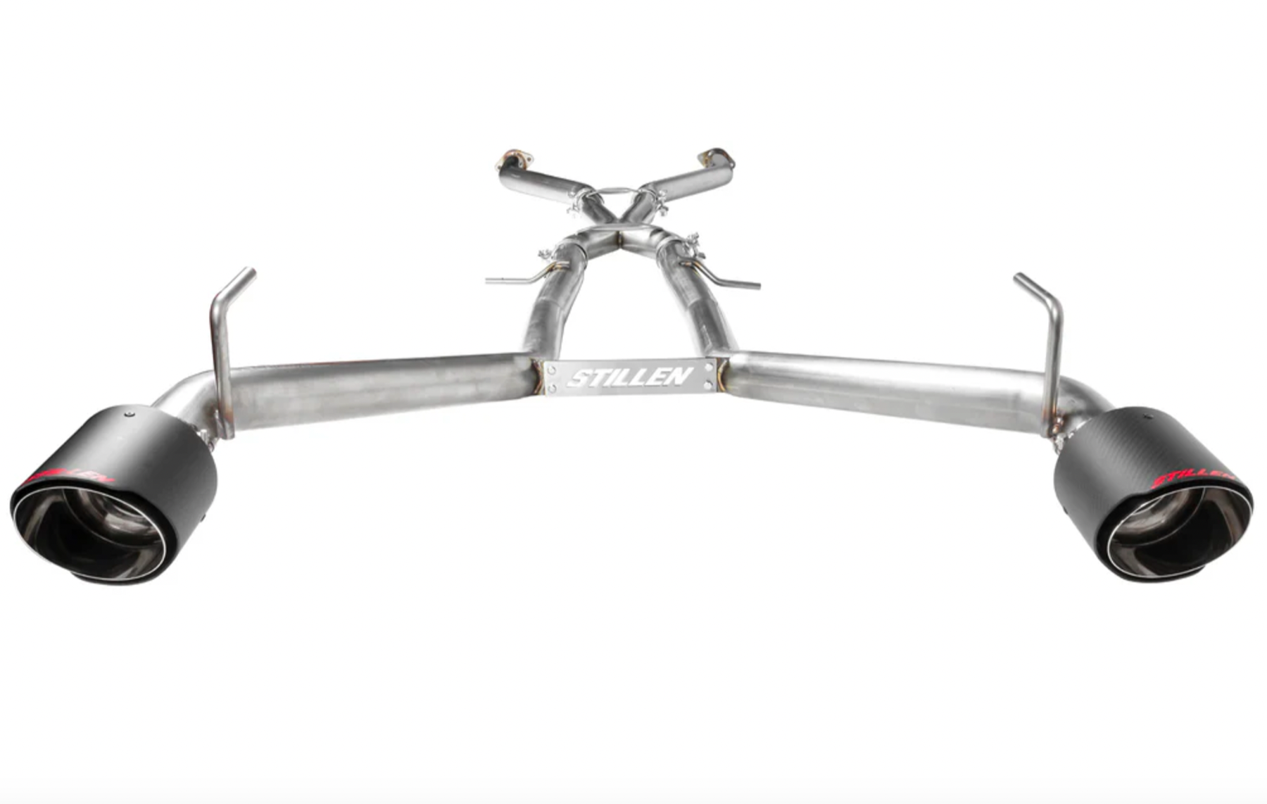 A top view of Stillen Cat-Back Exhaust System "Competition Series" for Nissan Z 2023-2024 with carbon fiber tips on a white background