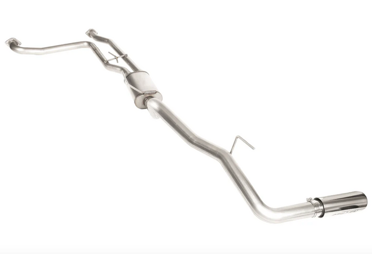 A top wide view of Stillen Cat-Back Exhaust System for Nissan Frontier 2022-2024 with polished stainless steel tips on a white background