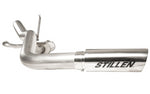 A close up view of Stillen Cat-Back Exhaust System for Nissan Frontier 2022-2024 with polished stainless steel tip on a white background