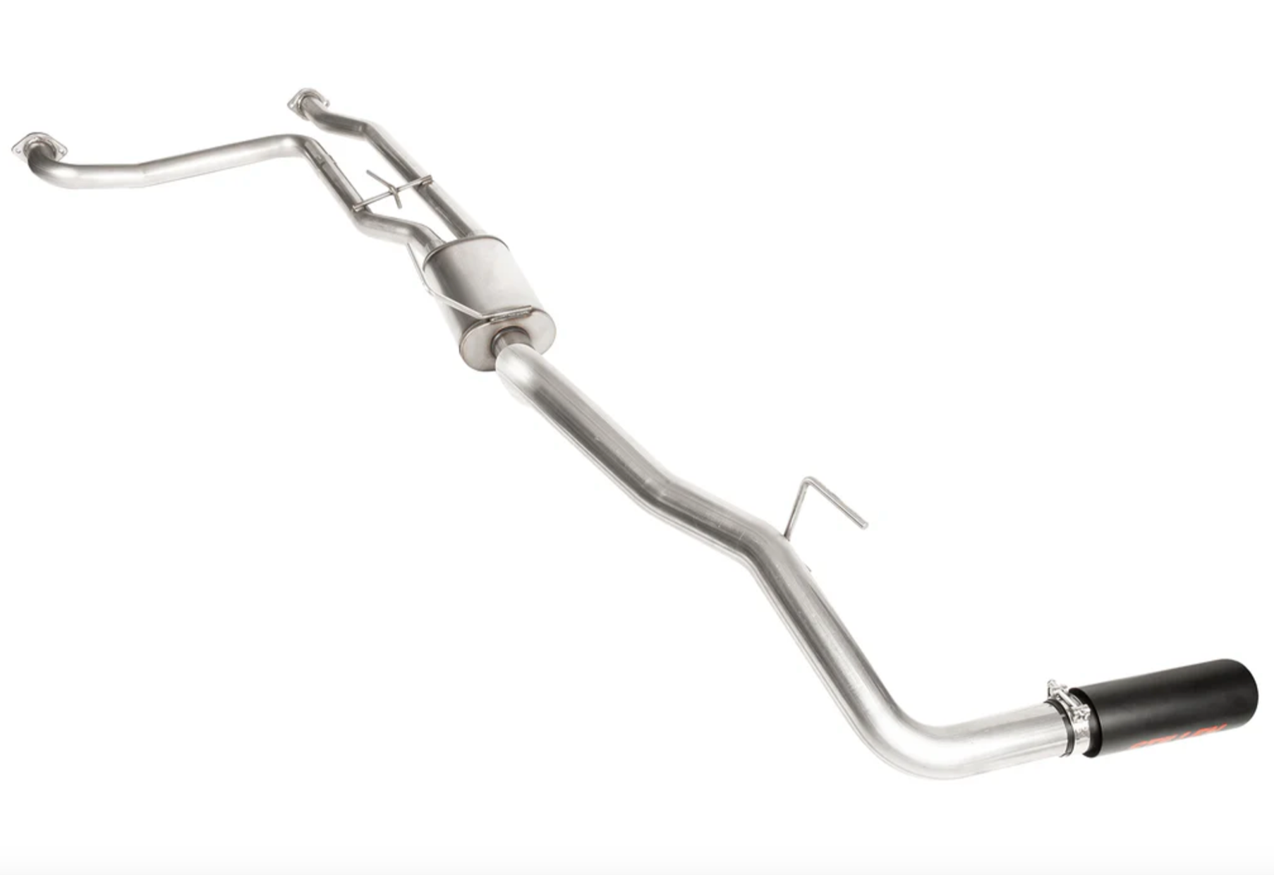 A top wide view of Stillen Cat-Back Exhaust System for Nissan Frontier 2022-2024 with black tips on a white background