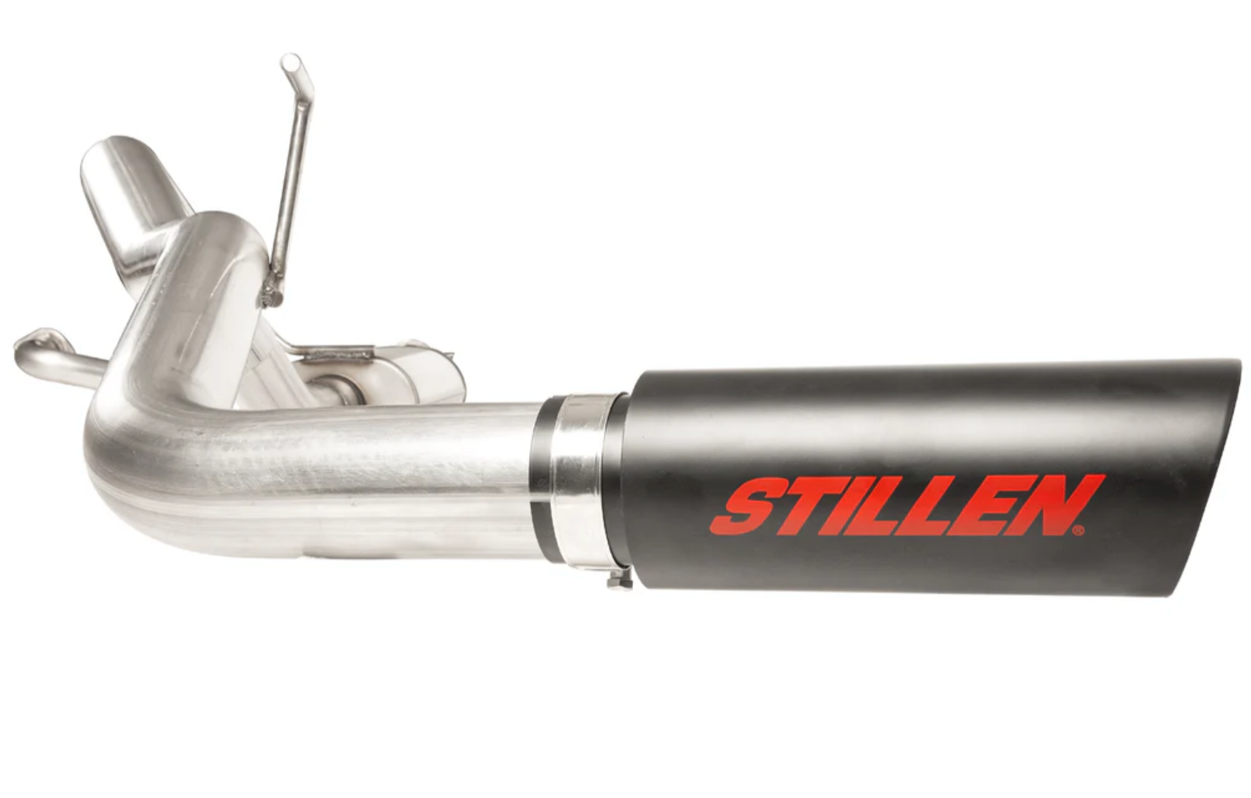 A close up view of Stillen Cat-Back Exhaust System for Nissan Frontier 2022-2024 with black tip on a white background