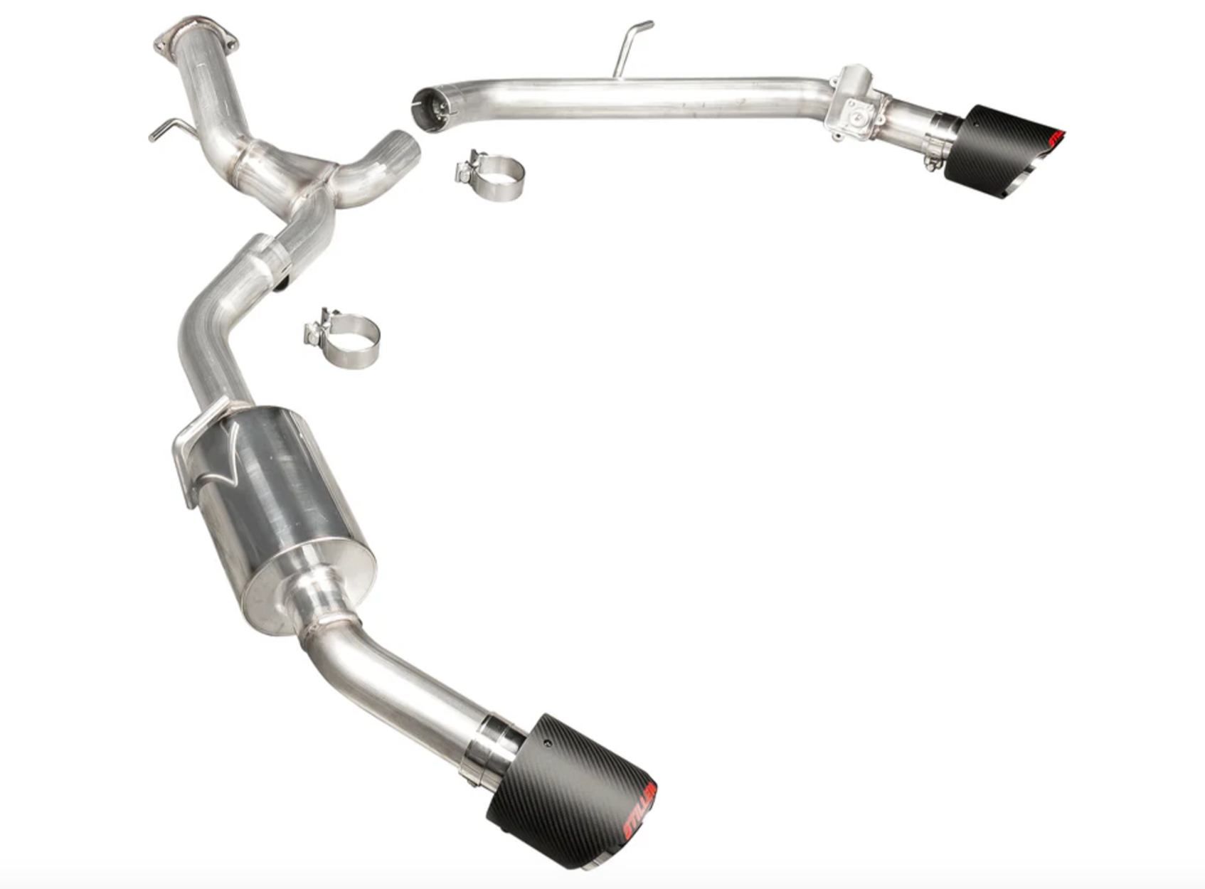A top view of Stillen Axle-Back Exhaust System for Hyundai Elantra N 2022+ with carbon fiber tips on a white background