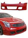A front view of Stillen Front Bumper Fascia for Infiniti G35 Coupe 2003-2007 with the bumper on top of the image and the bumper fitted on a red car at the bottom of the image