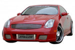 A front view of Stillen Front Bumper Fascia for Infiniti G35 Coupe 2003-2007 fitted on a red car with white background