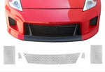A front view of Stillen Mesh Grille Insert [STILLEN Fascia] for Nissan 370Z [Z34] 2009-2018 fitted on a red car and the mesh grilles at the bottom of the page with white background