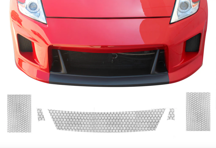 A front view of Stillen Mesh Grille Insert [STILLEN Fascia] for Nissan 370Z [Z34] 2009-2018 fitted on a red car and the mesh grilles at the bottom of the page with white background