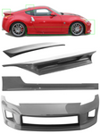 A front view of Stillen 6-Piece Body Kit for Nissan 370Z [Z34] 2009-2020 with all its parts and it fitted on a red car on a white background