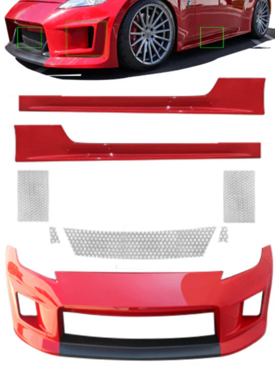 A front view of Stillen 4-Piece Body Kit for Nissan 370Z [Z34] 2009-2020 with all its parts on a white background