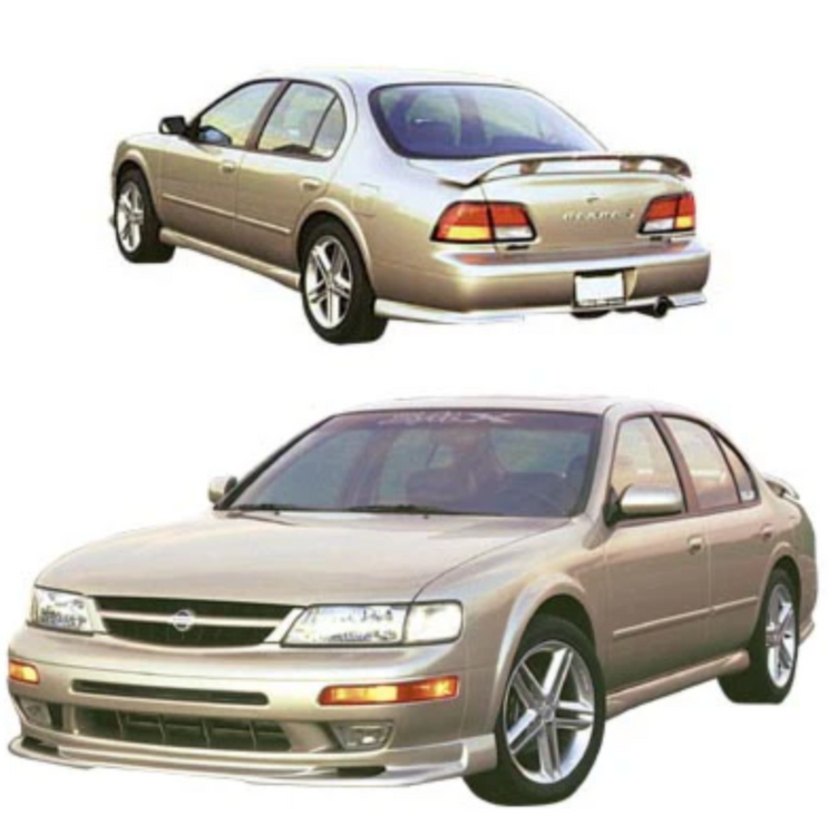 A back view of a car fitted with Stillen 5-Piece Body Kit for Nissan Maxima 1997-1999 on the top of the image and it fitted on the front of a car on the bottom of the image on a white background