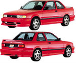 A front and back view of a red car fitted with Stillen Body Kit for Nissan Sentra Sedan 1991-1994 on a white background