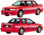 A front and back view of a red car fitted with Stillen 4-Piece Body Kit for Nissan Sentra Coupe 1991-1994