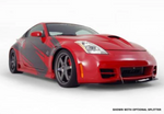 A side wide view of a red car fitted with Stillen 4-Piece Body Kit [Series 3 Skirts w/ Series 2 Front Fascia] for Nissan 350Z [Z33] 2003-2008 on a white background