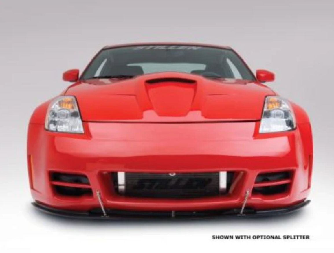 A front wide view of a red car fitted with Stillen 4-Piece Body Kit [Series 3 Skirts w/ Series 2 Front Fascia] for Nissan 350Z [Z33] 2003-2008 on a white background