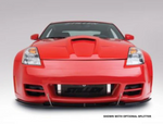 A front wide view of a red car fitted with Stillen 4-Piece Body Kit [Series 3 Skirts w/ Series 2 Front Fascia] for Nissan 350Z [Z33] 2003-2008 on a white background