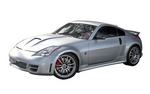 A side wide view of a grey car fitted with Stillen 4-Piece Body Kit [Series 2 Skirts w/ Series 2 Front Fascia] for Nissan 350Z [Z33] 2003-2008 on a white background
