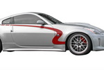 A side close up view of a grey car fitted with Stillen 4-Piece Body Kit [Series 2 Skirts w/ Series 2 Front Fascia] for Nissan 350Z [Z33] 2003-2008 on a white background