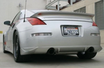 A back close up view of a car fitted with Stillen 4-Piece Body Kit [Series 1 Skirts w/ Series 2 Front Fascia] for Nissan 350Z [Z33] 2003-2008
