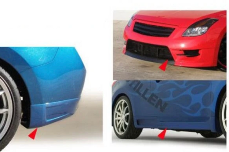 A front, back and side view of a car fitted with Stillen 5-Piece Body Kit for Nissan Altima Coupe 2008-2009