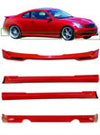 A wide view of a red car fitted with Stillen 4-Piece Body Kit for Infiniti G35 Coupe 2003-2007 on the top of the image and the its parts on the bottom of the image with white background