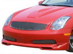 A front close up view of a red car fitted with Stillen 4-Piece Body Kit for Infiniti G35 Coupe 2003-2007 with white background
