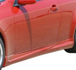 A side close up view of a red car fitted with Stillen 4-Piece Body Kit for Infiniti G35 Coupe 2003-2007 with white background