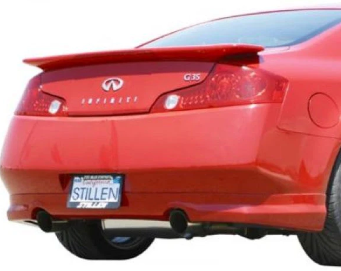 A back close up view of a red car fitted with Stillen 4-Piece Body Kit for Infiniti G35 Coupe 2003-2007 with white background