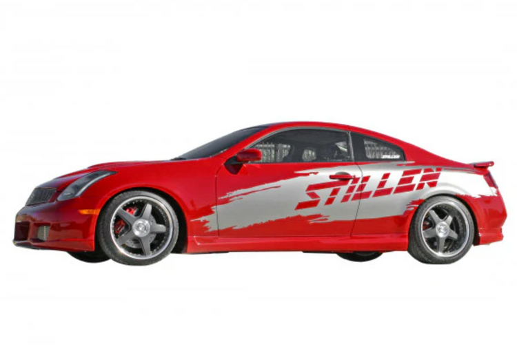A side wide view of a red car fitted with Stillen 4-Piece Body Kit with Front Bumper Fascia for Infiniti G35 Coupe 2003-2007 on a white background