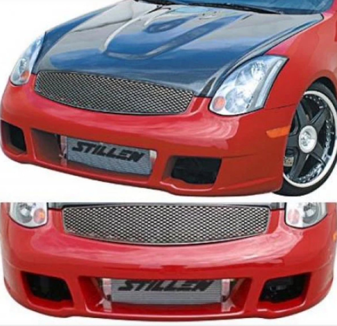 A close up view of the front of a red car fitted with Stillen 4-Piece Body Kit with Front Bumper Fascia for Infiniti G35 Coupe 2003-2007 on a white background