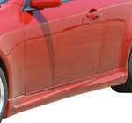 A side close up view of a red car fitted with Stillen 4-Piece Body Kit with Front Bumper Fascia for Infiniti G35 Coupe 2003-2007 on a white background