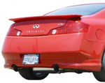 A back close up view of a red car fitted with Stillen 4-Piece Body Kit with Front Bumper Fascia for Infiniti G35 Coupe 2003-2007 on a white background