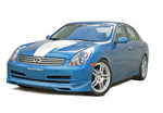 A front wide view of a blue car fitted with Stillen 5-Piece Body Kit for Infiniti G35 Sedan 2003-2004 on a white background