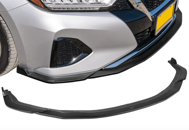 A front close up view of a car fitted with Stillen Front Lip Splitter for Nissan Maxima 2019-2023 on a white background
