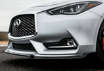 A close up view of the front of a car fitted with Stillen Front Splitter for Infiniti Q60 3.0t 2017-2022
