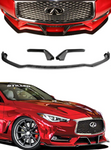 A front and side view of a red car fitted with Stillen Front Splitter & Winglets for Infiniti Q60 2017-2022 on a white background
