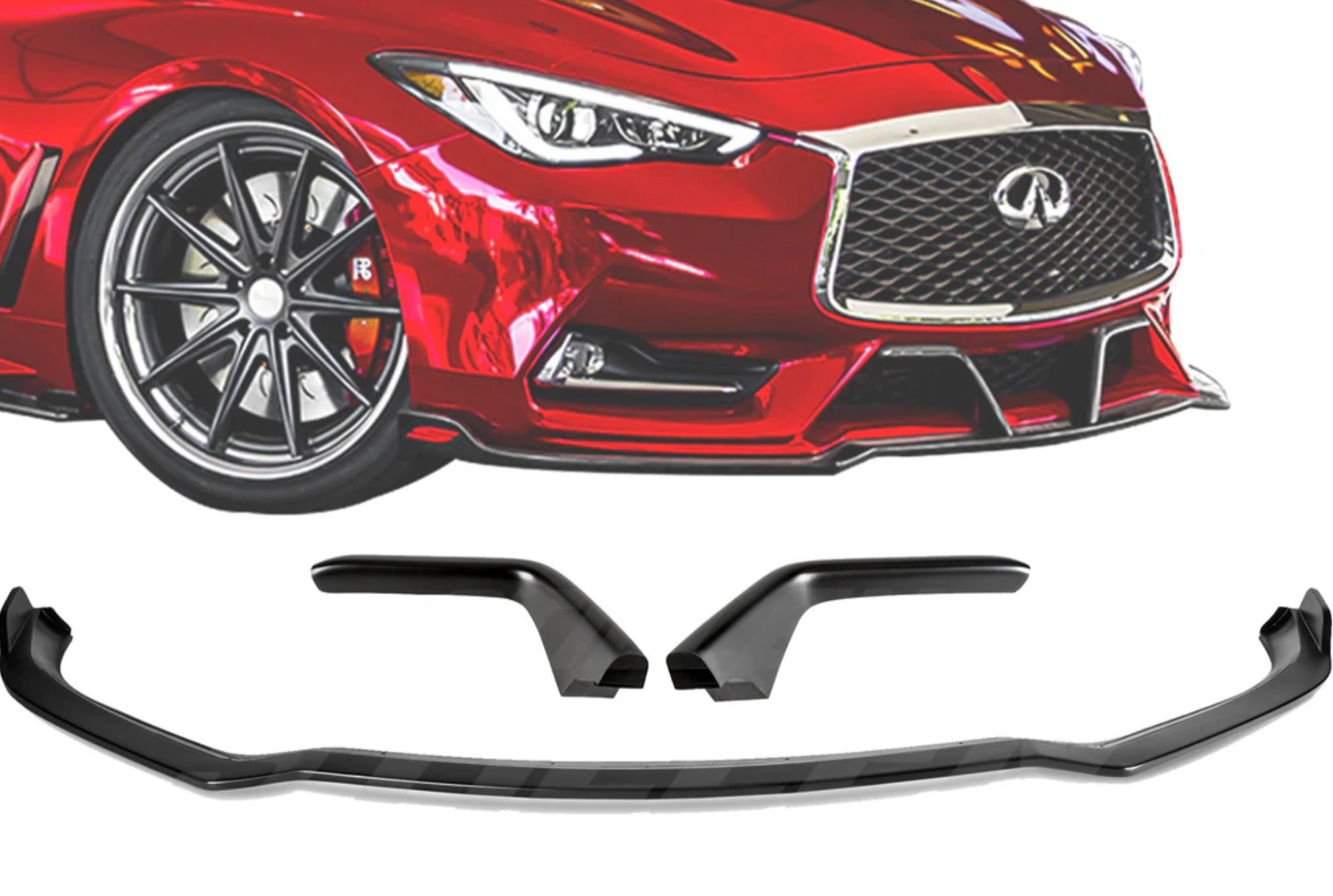A side close up view of a red car and the parts of Stillen Front Splitter & Winglets for Infiniti Q60 2017-2022 on a white background 