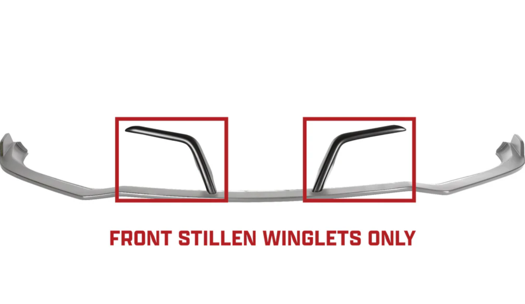 A front wide view of Stillen Front Winglets for Infiniti Q60 3.0t 2017-2022 on a white background with the winglets highlighted with red boxes