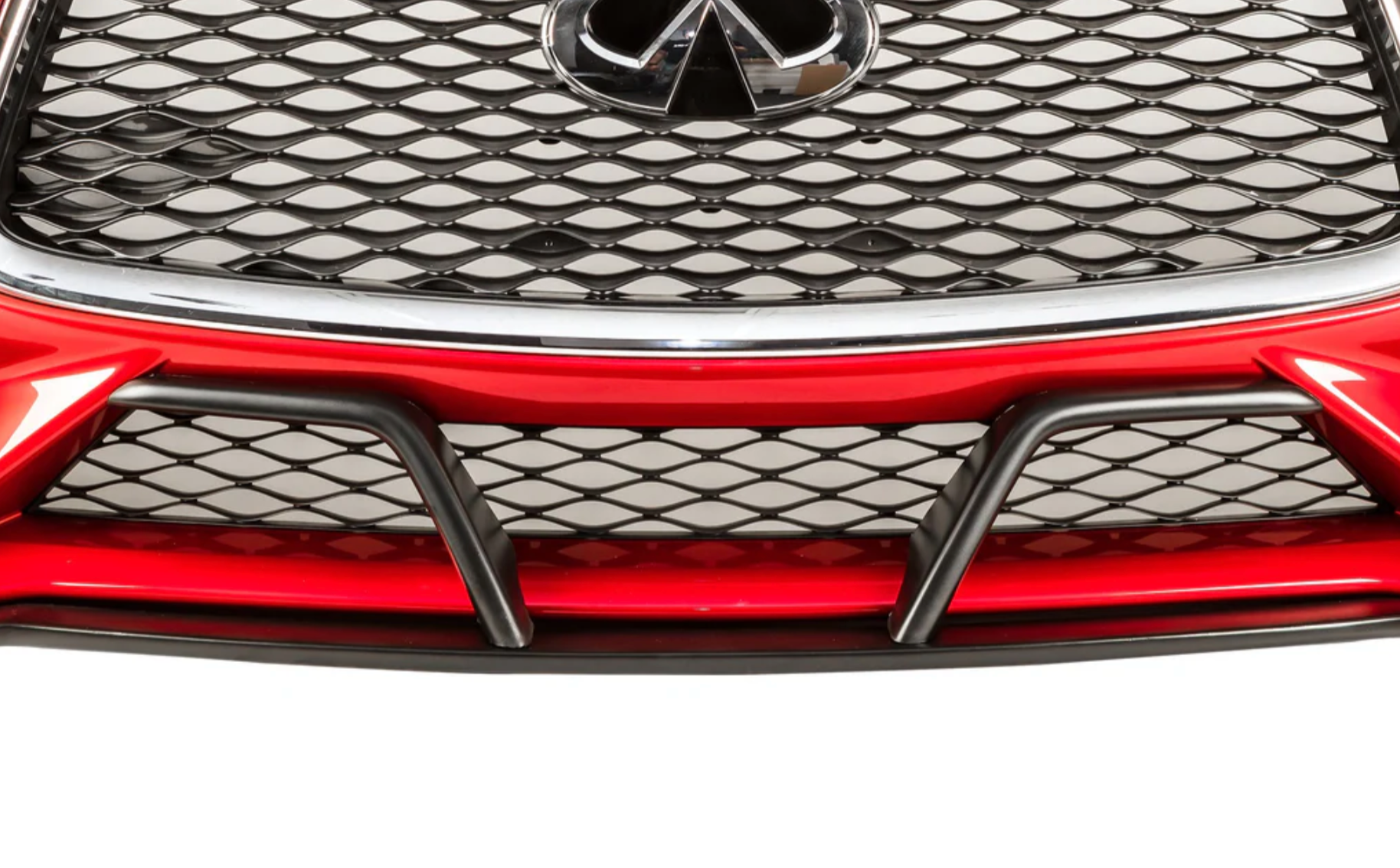 A top close up view of Stillen Front Winglets for Infiniti Q60 3.0t 2017-2022 fitted on a red car