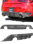 A back close up view of a red car fitted with Stillen Rear Diffuser [UNPAINTED] for Infiniti Q60 3.0t 2017-2022 and its parts on a white background