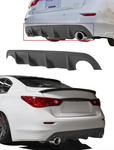 A back and side close up view of the Stillen Rear Diffuser [UNPAINTED] for Infiniti Q50 2014-2017 fitted on a car with white background