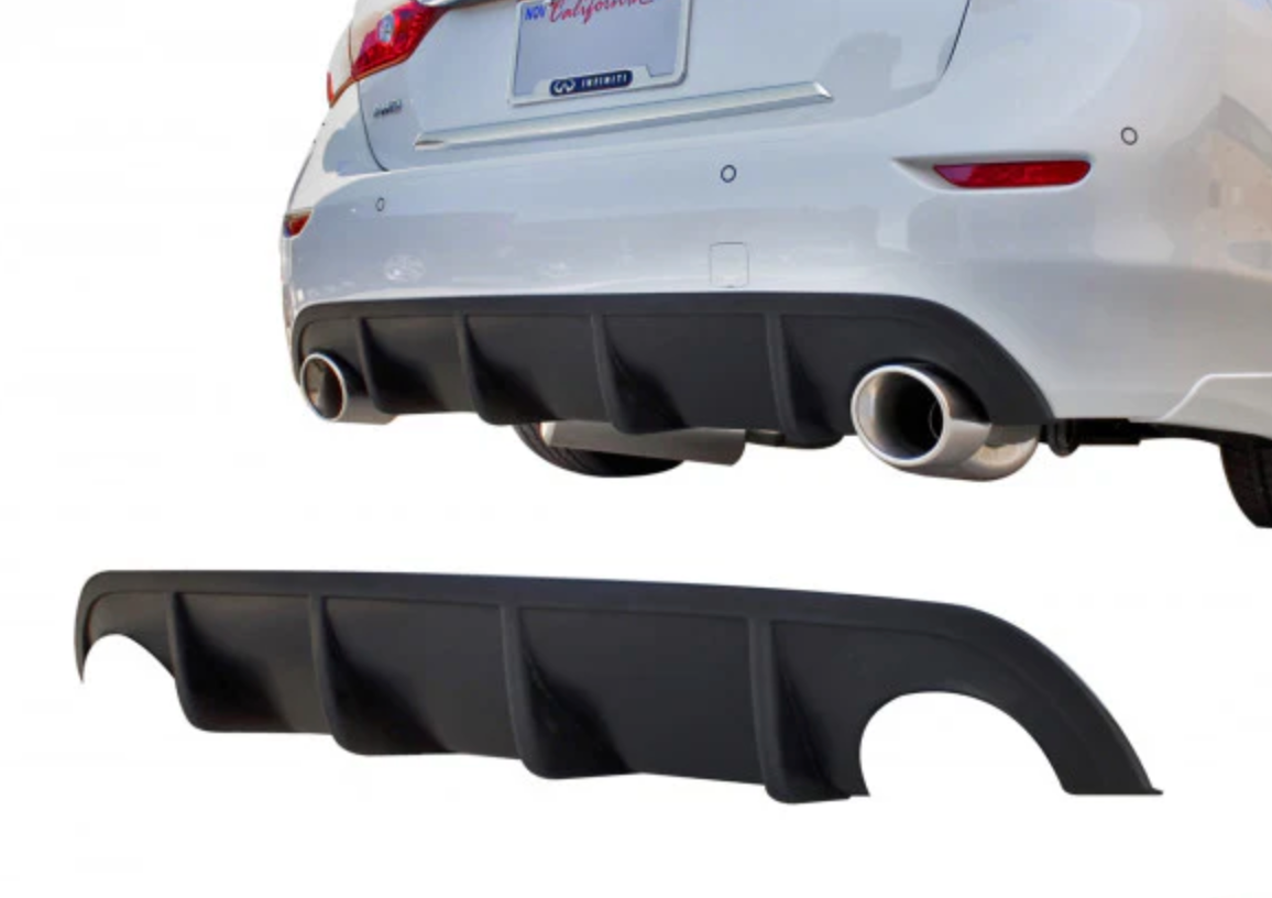 A back close up view of a car fitted on a car and the rear diffuser separately  with white background