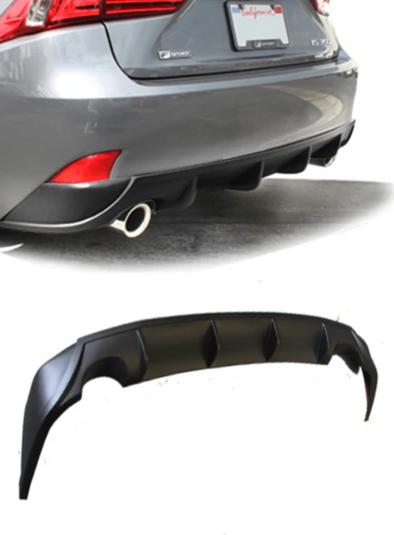 A back side view of a car fitted with Stillen Rear Diffuser [Matte Black] for Lexus IS250 / IS350 2014-2015 on the top of the image and the back of the diffuser on the bottom of the image with white background