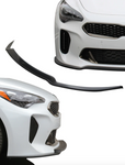 A front and side close up view of Stillen Front Splitter [Matte Black] for Kia Stinger GT (AWD/RWD 3.3TT) 2018-2023 fitted on a car with white background