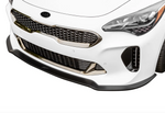 A close up view of the front of a white car fitted with Stillen Front Splitter [UNPAINTED] for Kia Stinger GT (AWD/RWD 3.3TT) 2018-2023 on a white background