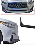 A top and side close up view of Stillen Front Splitter [Matte Black] for Infiniti Q50 2018-2024 fitted on a car with white background
