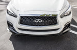 A close up view of the front of a white car fitted with Stillen Front Splitter [Matte Black] for Infiniti Q50 2018-2024 on the ground