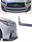 A front and side close up view of a car fitted with Stillen Front Splitter [UNPAINTED] for Infiniti Q50 2018-2024 on a white background